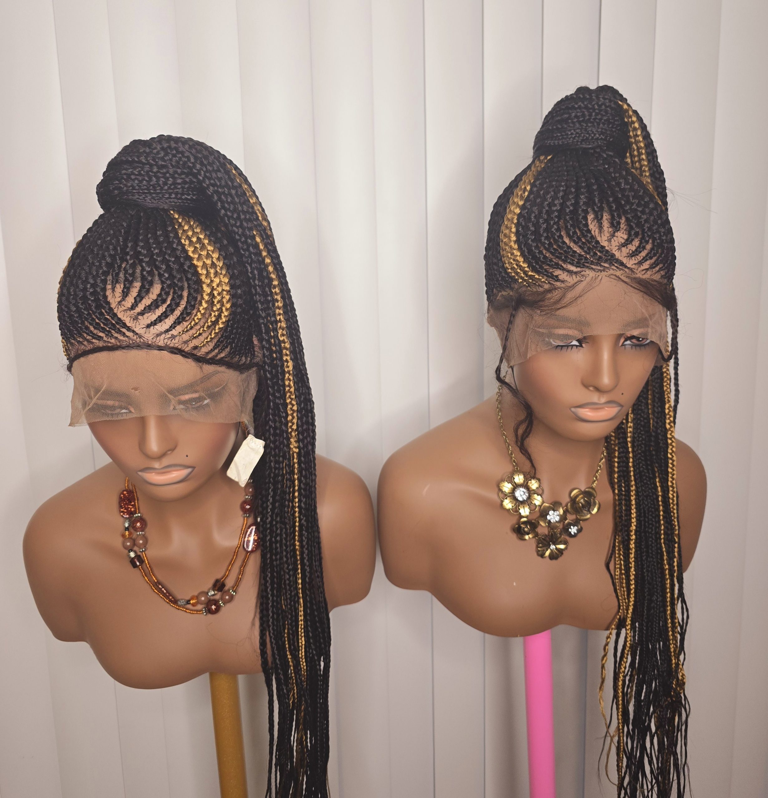wig 9 Black and Gold 36 inches Full Lace Synthetic Ponytail Braided Wig for Classic Ladies Elegant Design Versatile Wear Easy to Style - Image 1